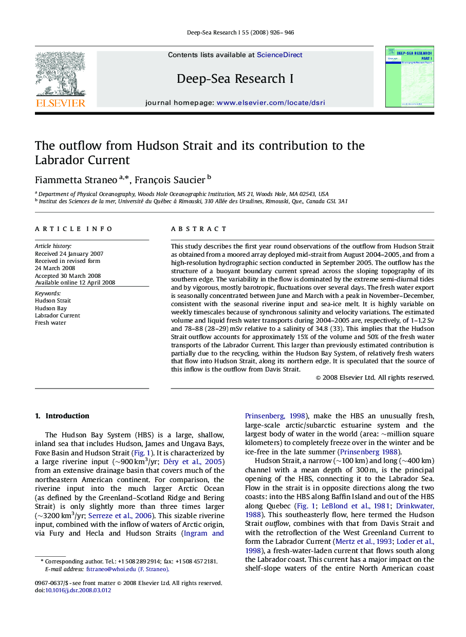 The outflow from Hudson Strait and its contribution to the Labrador Current