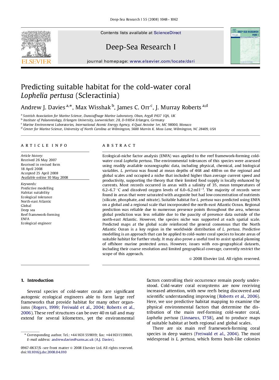 Predicting suitable habitat for the cold-water coral Lophelia pertusa (Scleractinia)