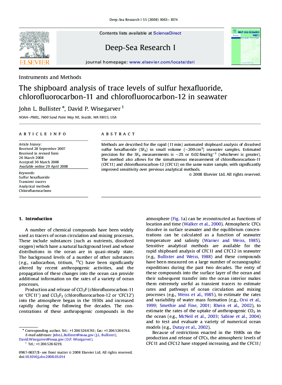 The shipboard analysis of trace levels of sulfur hexafluoride, chlorofluorocarbon-11 and chlorofluorocarbon-12 in seawater