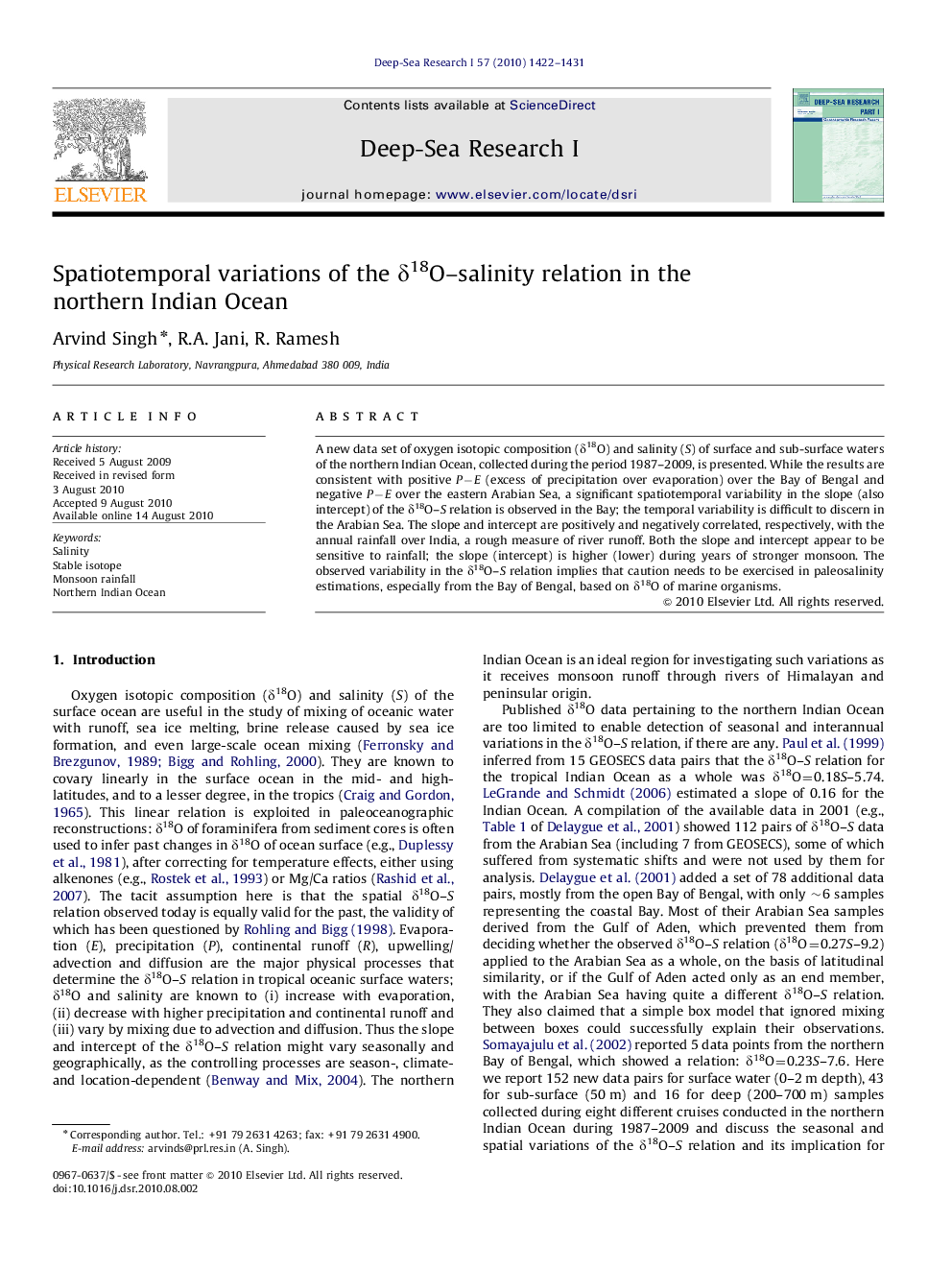 Spatiotemporal variations of the δ18O–salinity relation in the northern Indian Ocean