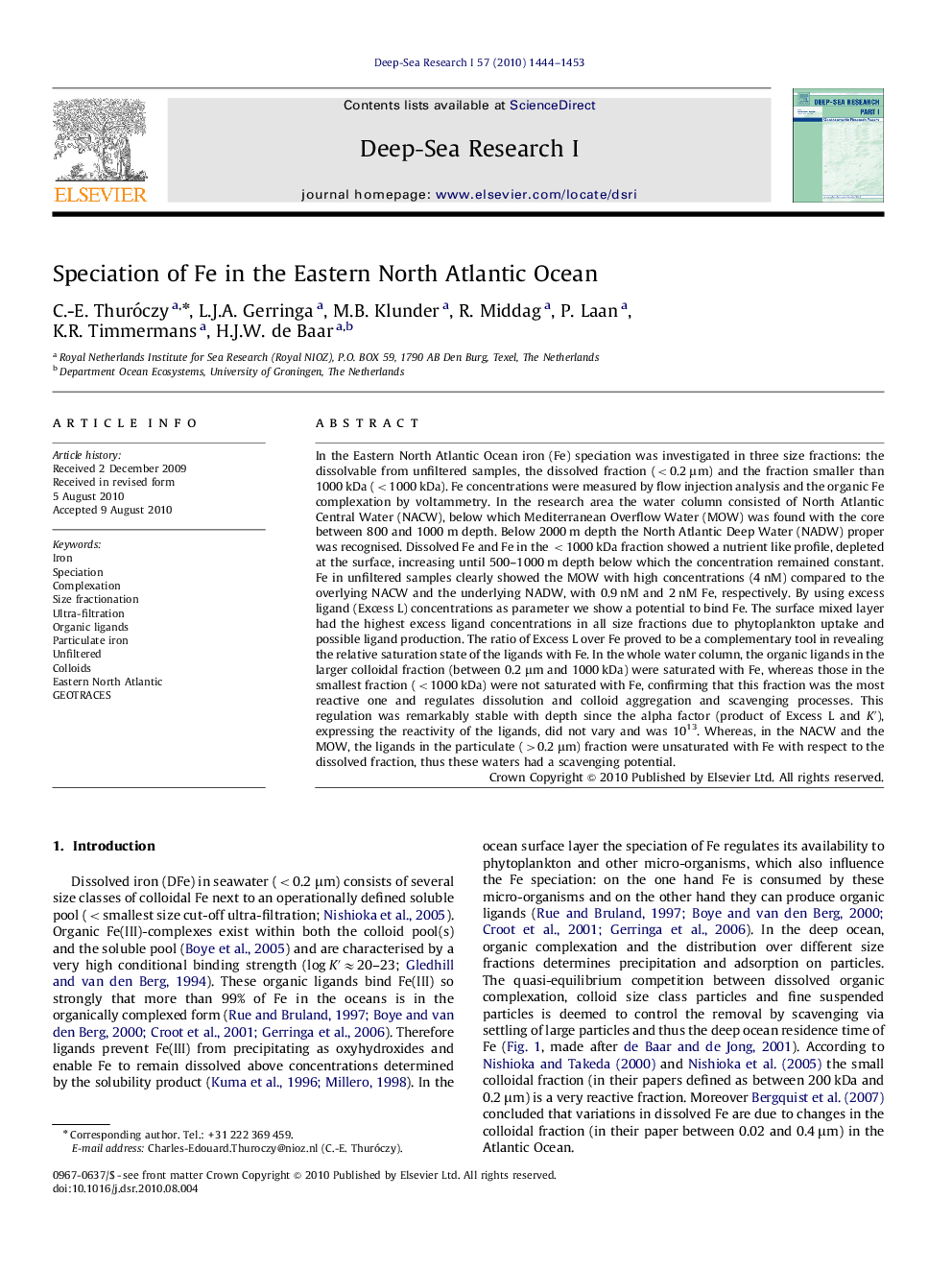 Speciation of Fe in the Eastern North Atlantic Ocean