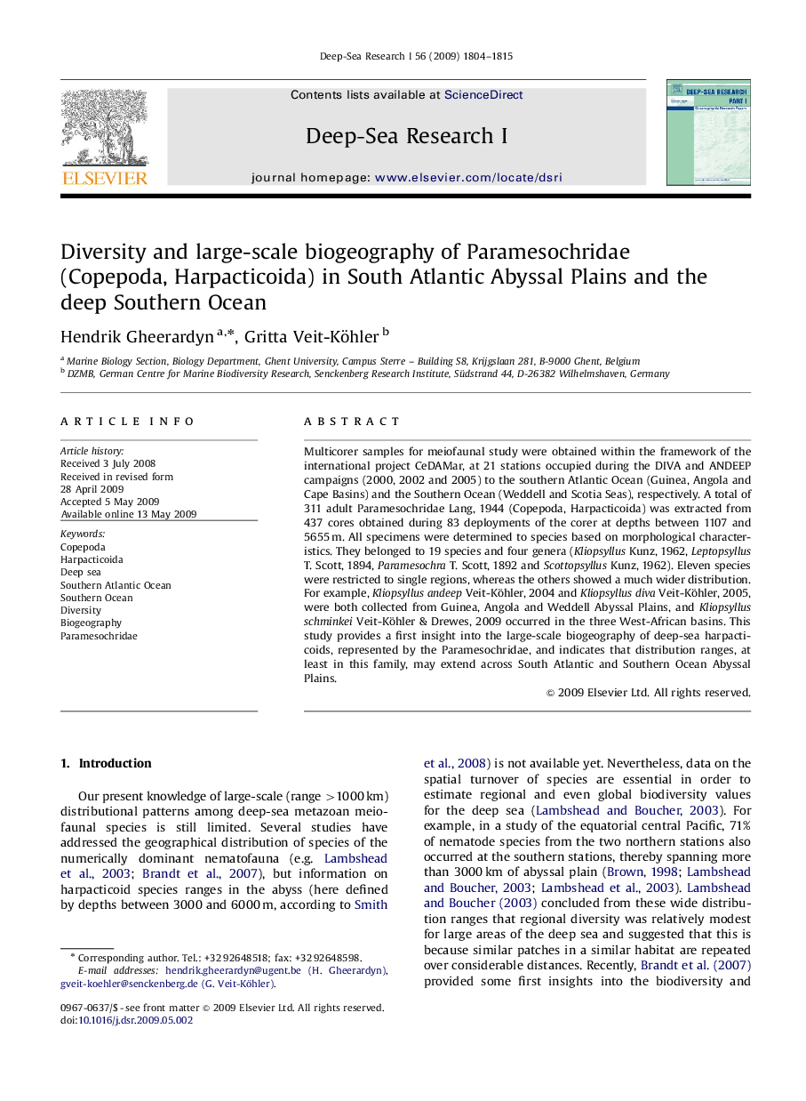 Diversity and large-scale biogeography of Paramesochridae (Copepoda, Harpacticoida) in South Atlantic Abyssal Plains and the deep Southern Ocean