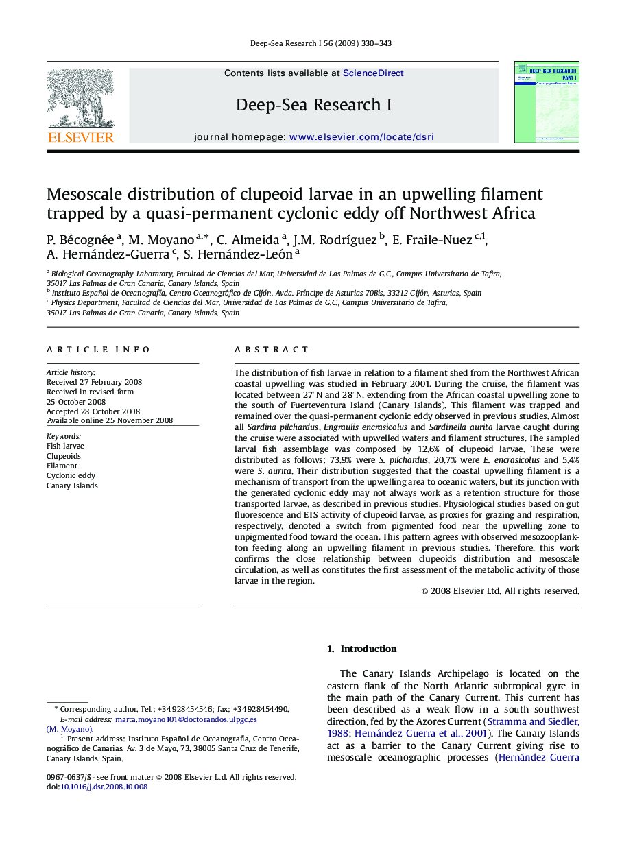 Mesoscale distribution of clupeoid larvae in an upwelling filament trapped by a quasi-permanent cyclonic eddy off Northwest Africa