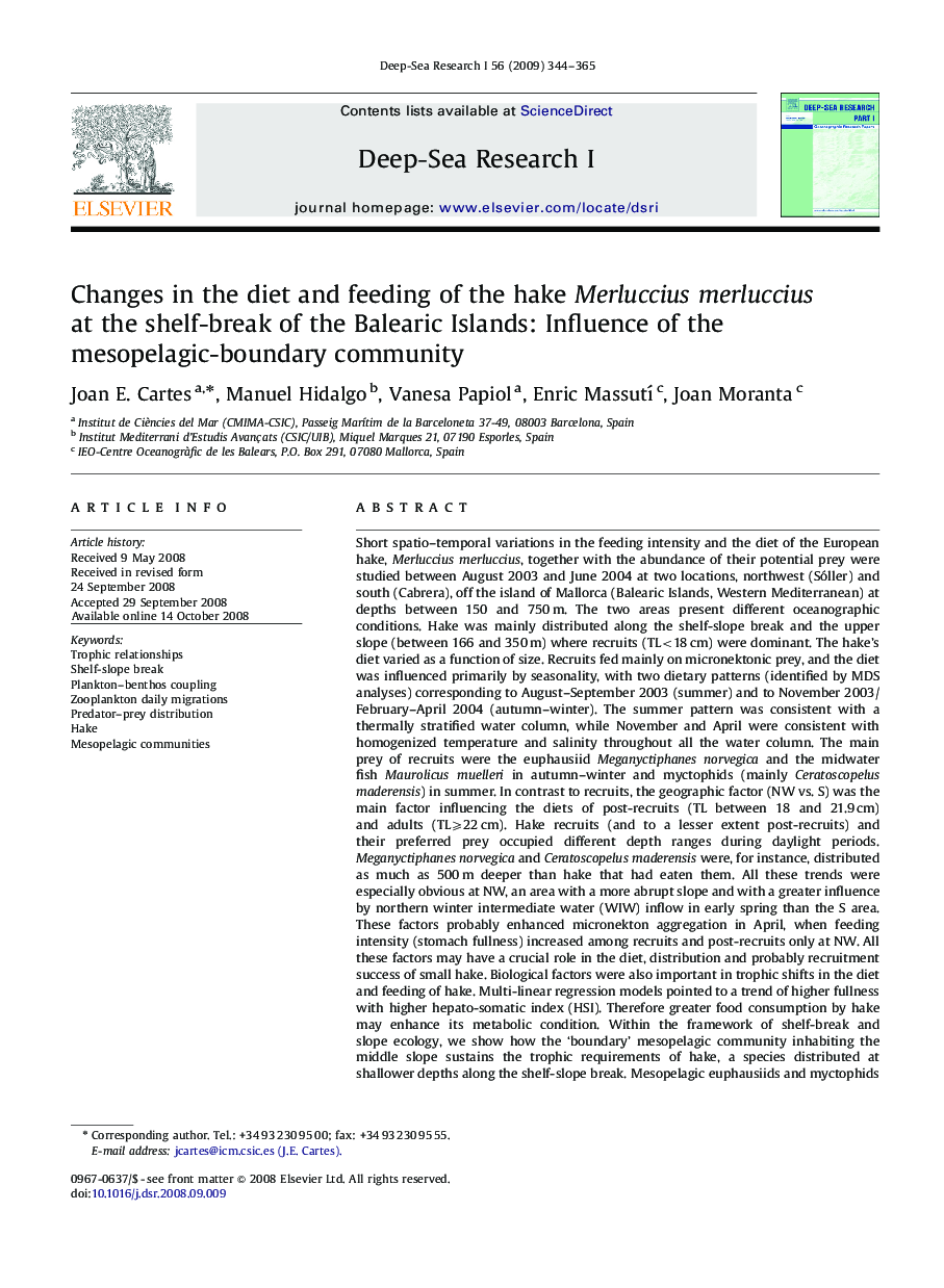 Changes in the diet and feeding of the hake Merluccius merluccius at the shelf-break of the Balearic Islands: Influence of the mesopelagic-boundary community