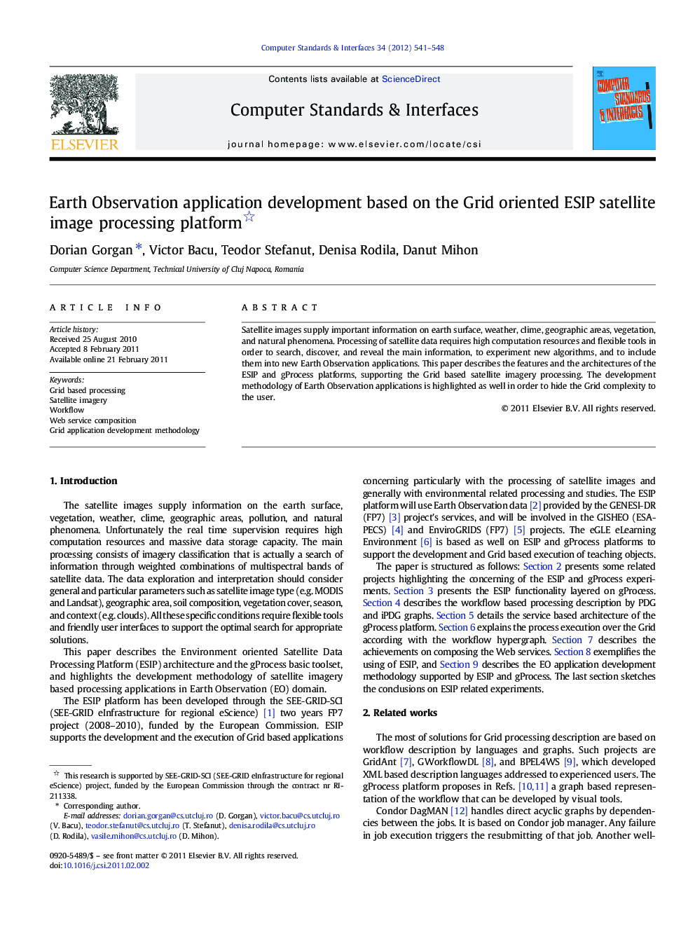 Earth Observation application development based on the Grid oriented ESIP satellite image processing platform 