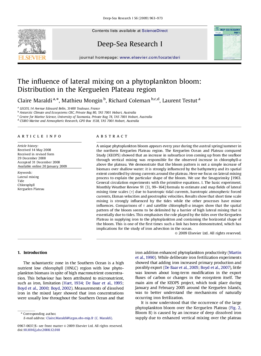 The influence of lateral mixing on a phytoplankton bloom: Distribution in the Kerguelen Plateau region