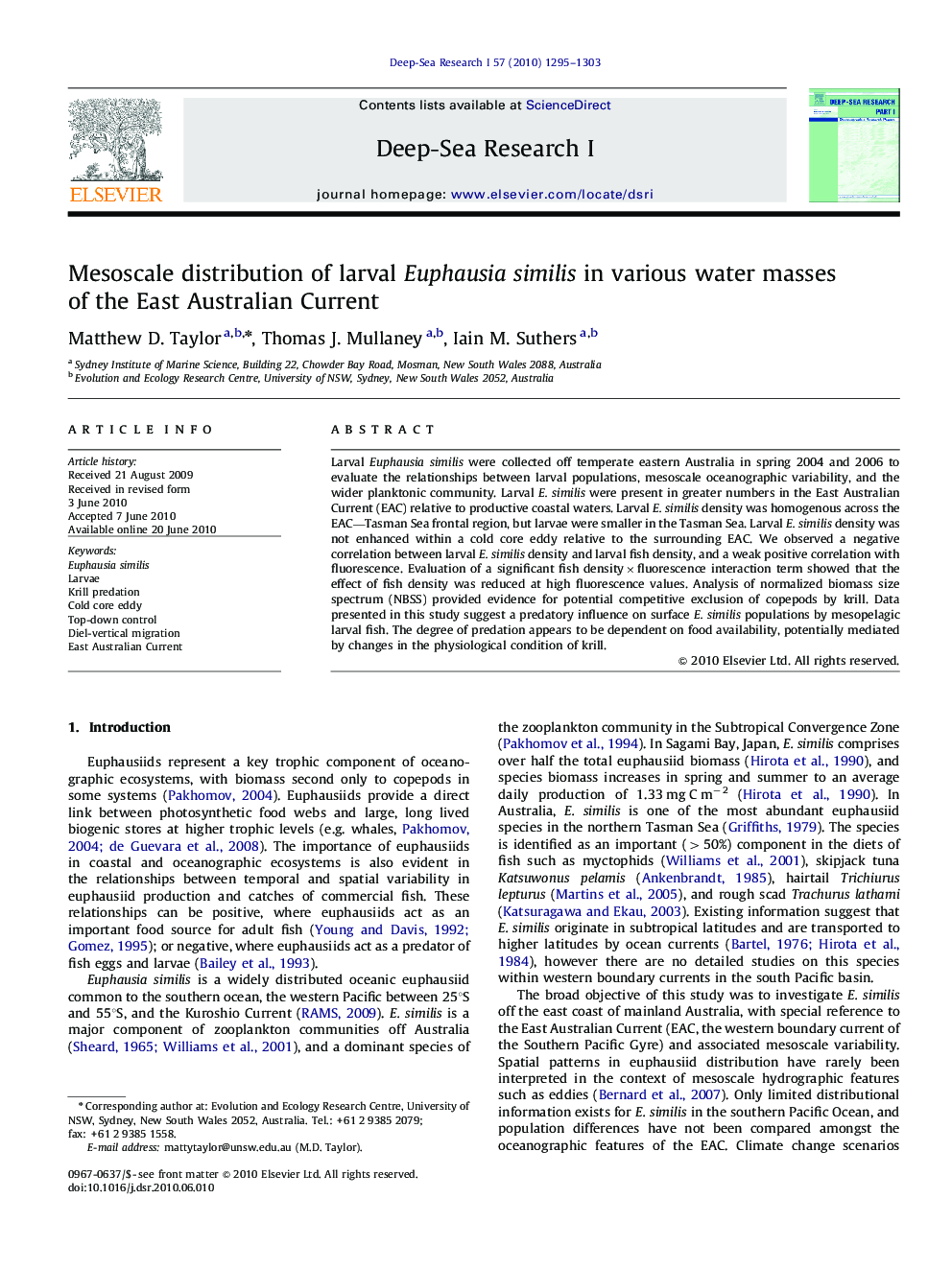 Mesoscale distribution of larval Euphausia similis in various water masses of the East Australian Current