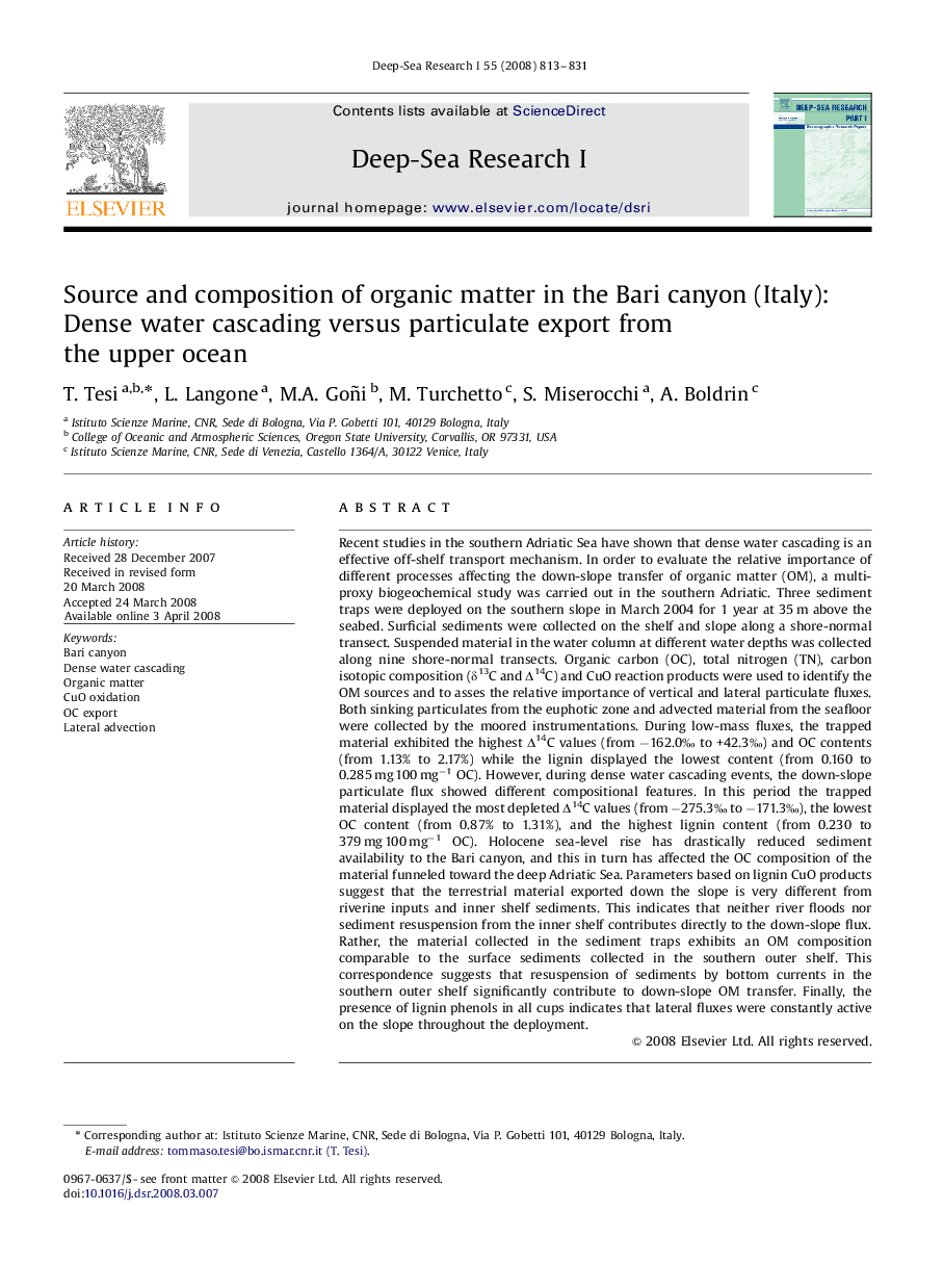 Source and composition of organic matter in the Bari canyon (Italy): Dense water cascading versus particulate export from the upper ocean