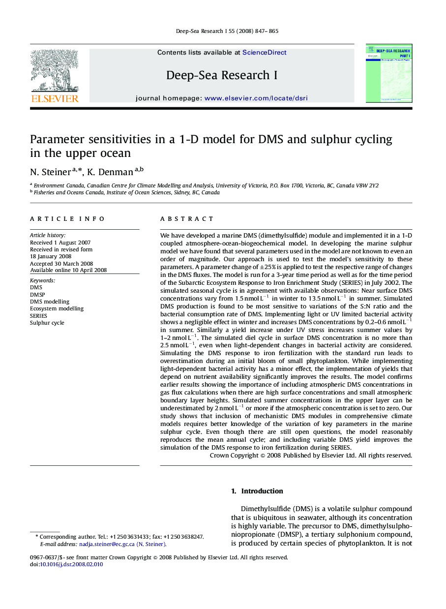 Parameter sensitivities in a 1-D model for DMS and sulphur cycling in the upper ocean