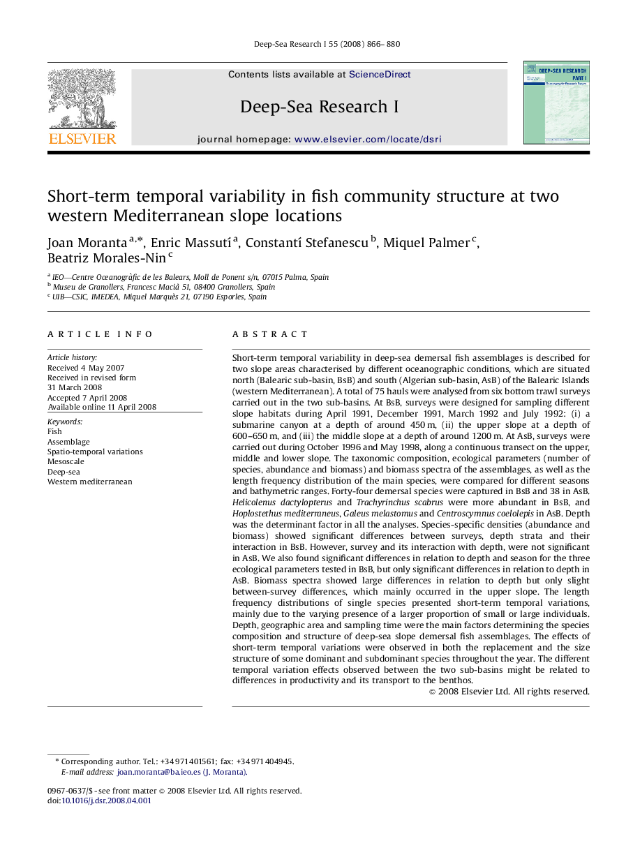 Short-term temporal variability in fish community structure at two western Mediterranean slope locations