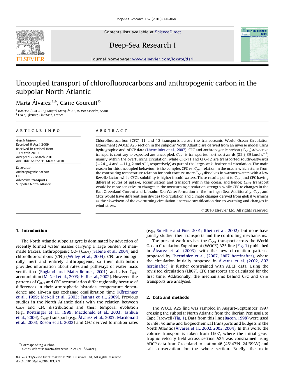 Uncoupled transport of chlorofluorocarbons and anthropogenic carbon in the subpolar North Atlantic