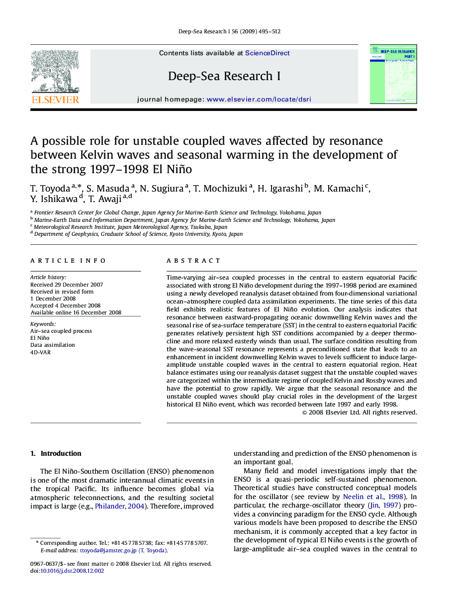 A possible role for unstable coupled waves affected by resonance between Kelvin waves and seasonal warming in the development of the strong 1997–1998 El Niño