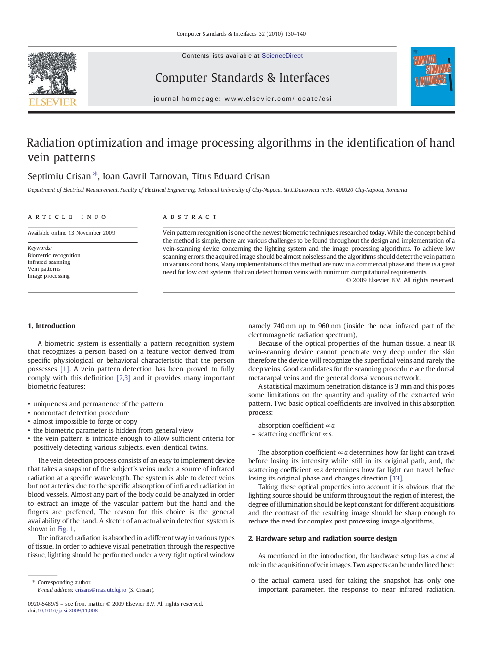 Radiation optimization and image processing algorithms in the identification of hand vein patterns