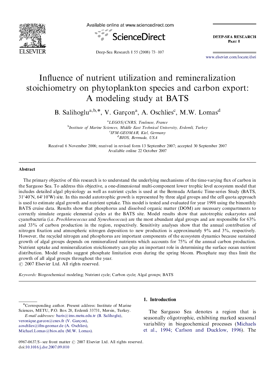 Influence of nutrient utilization and remineralization stoichiometry on phytoplankton species and carbon export: A modeling study at BATS