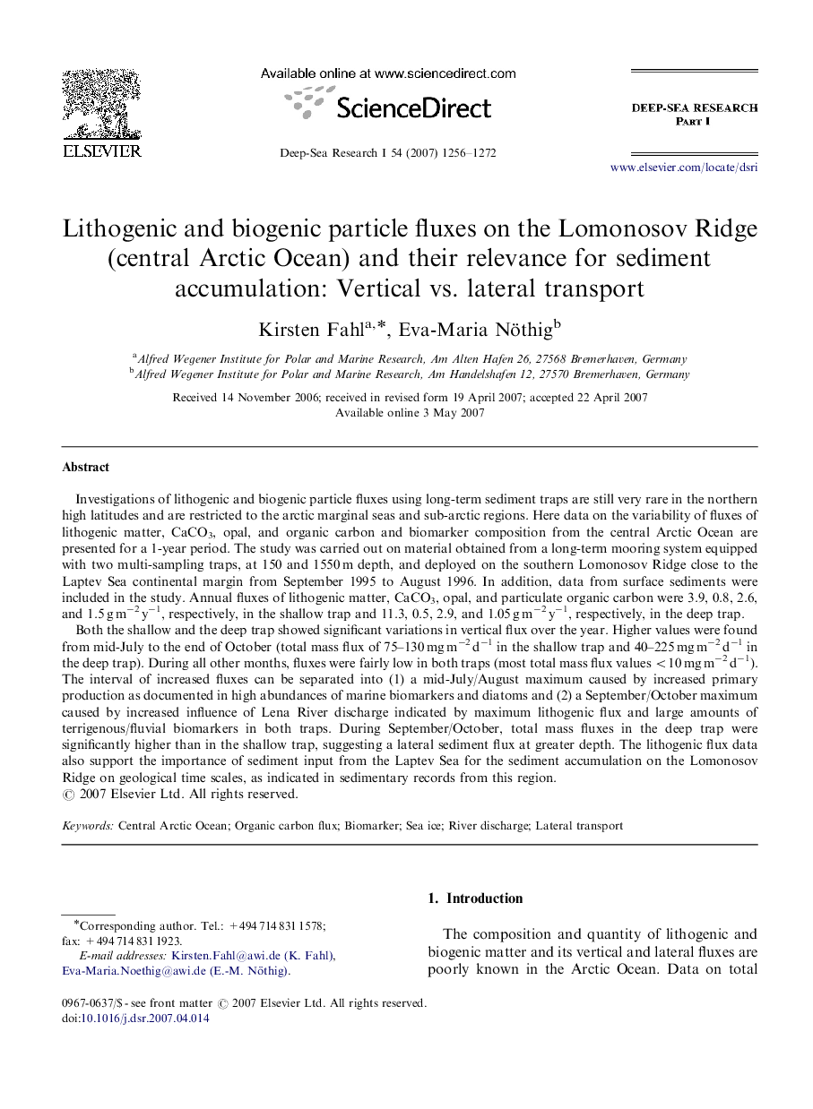 Lithogenic and biogenic particle fluxes on the Lomonosov Ridge (central Arctic Ocean) and their relevance for sediment accumulation: Vertical vs. lateral transport