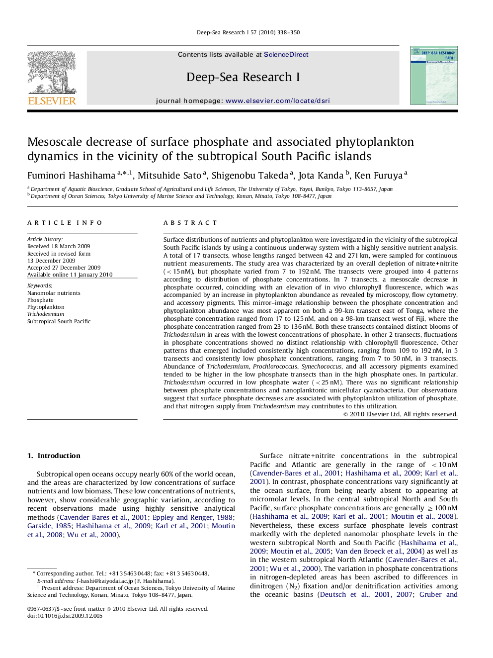 Mesoscale decrease of surface phosphate and associated phytoplankton dynamics in the vicinity of the subtropical South Pacific islands