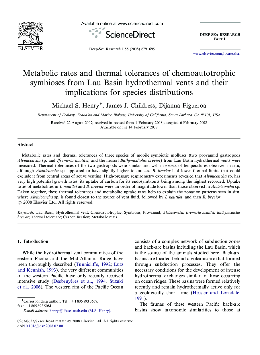 Metabolic rates and thermal tolerances of chemoautotrophic symbioses from Lau Basin hydrothermal vents and their implications for species distributions