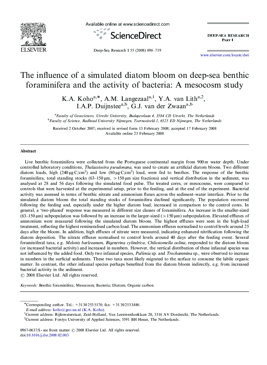 The influence of a simulated diatom bloom on deep-sea benthic foraminifera and the activity of bacteria: A mesocosm study