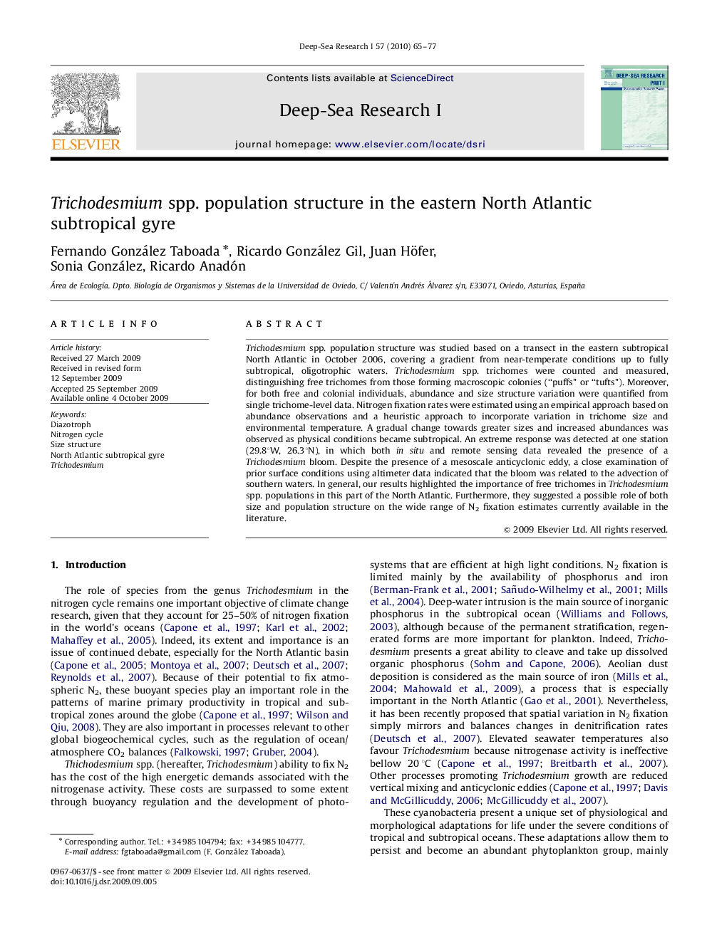 Trichodesmium spp. population structure in the eastern North Atlantic subtropical gyre