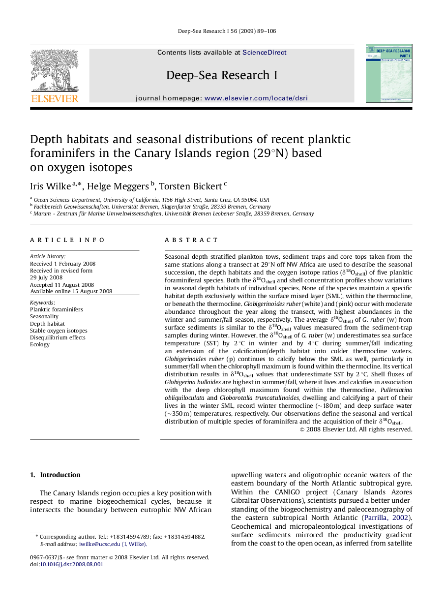 Depth habitats and seasonal distributions of recent planktic foraminifers in the Canary Islands region (29°N) based on oxygen isotopes