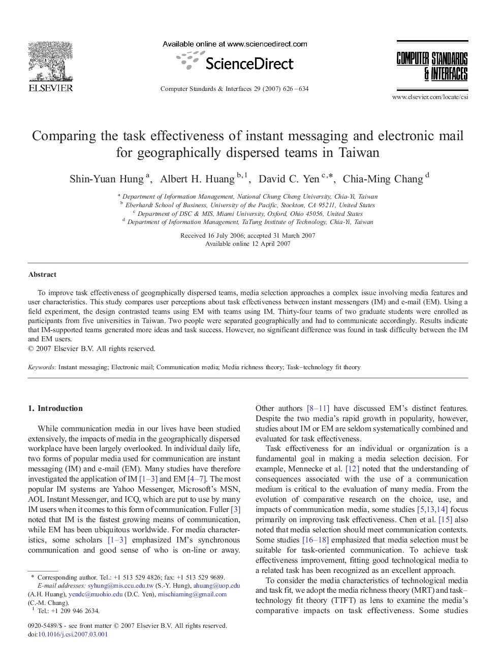 Comparing the task effectiveness of instant messaging and electronic mail for geographically dispersed teams in Taiwan