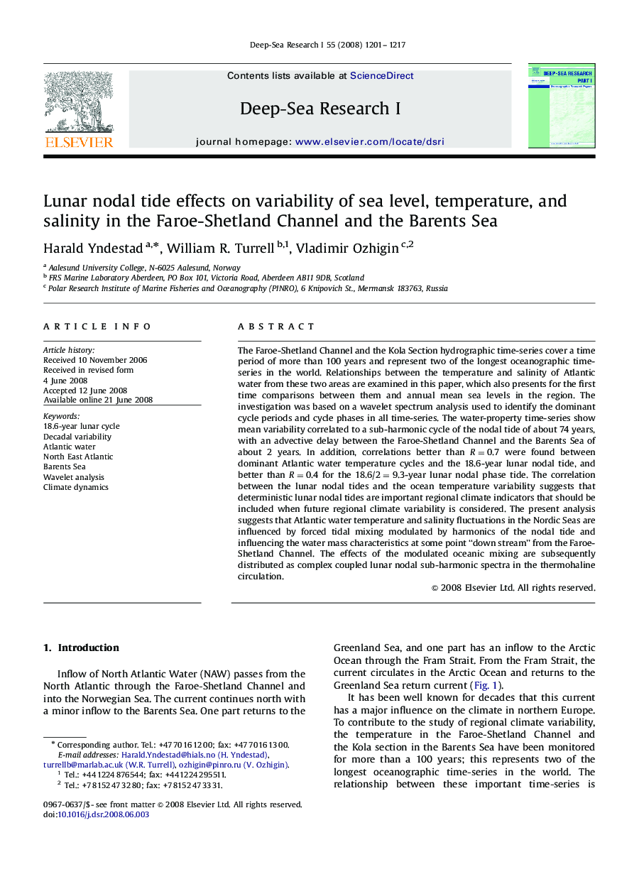 Lunar nodal tide effects on variability of sea level, temperature, and salinity in the Faroe-Shetland Channel and the Barents Sea