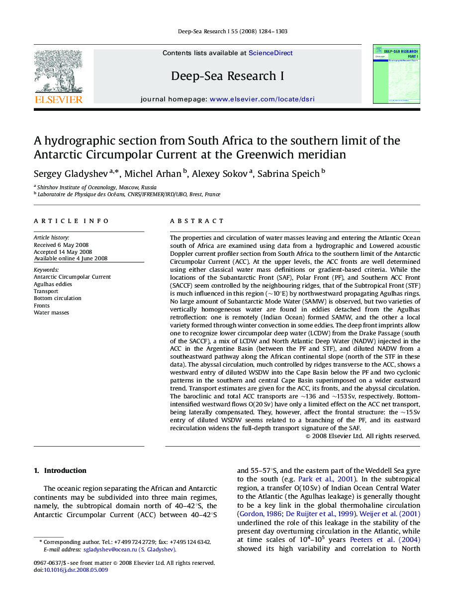 A hydrographic section from South Africa to the southern limit of the Antarctic Circumpolar Current at the Greenwich meridian