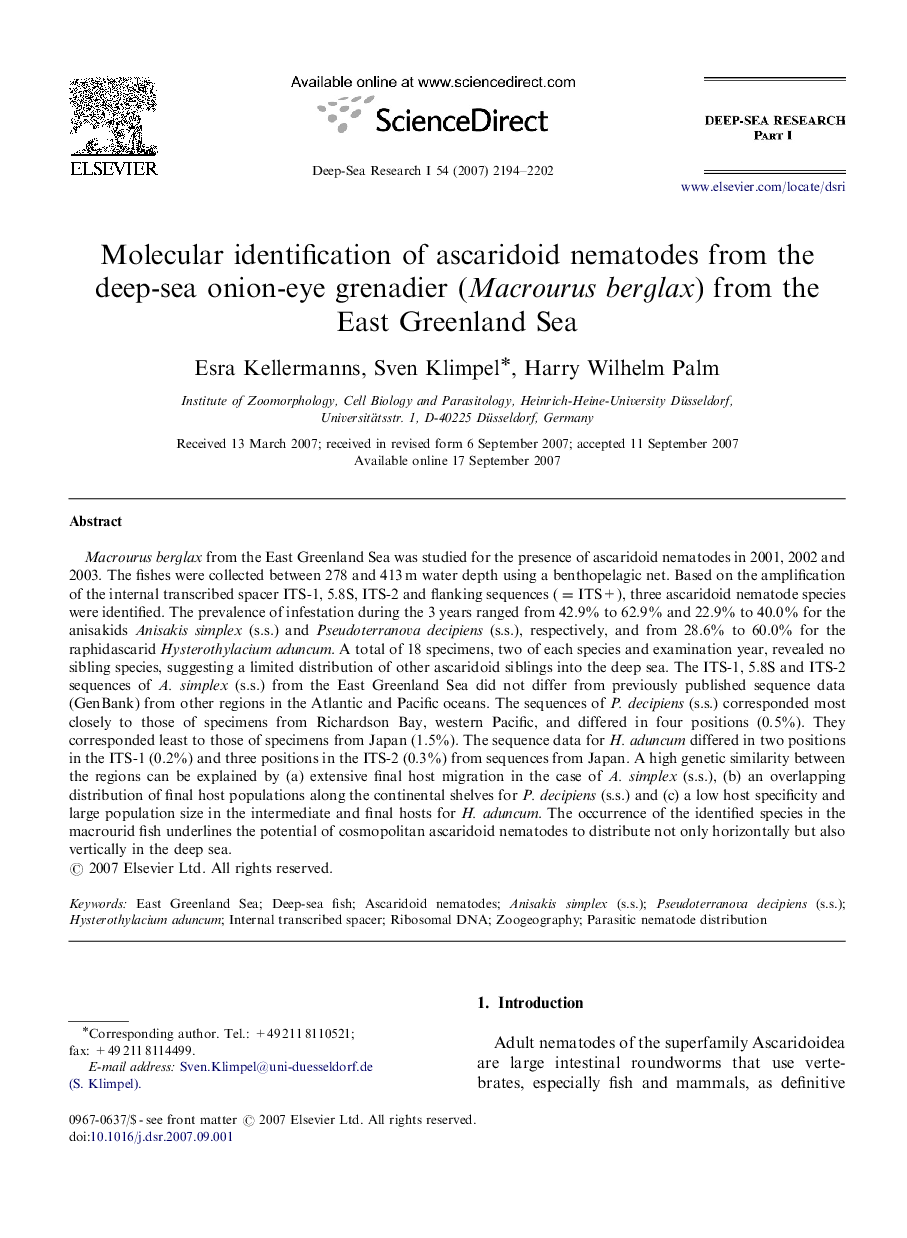 Molecular identification of ascaridoid nematodes from the deep-sea onion-eye grenadier (Macrourus berglax) from the East Greenland Sea