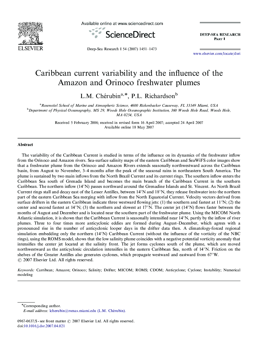 Caribbean current variability and the influence of the Amazon and Orinoco freshwater plumes