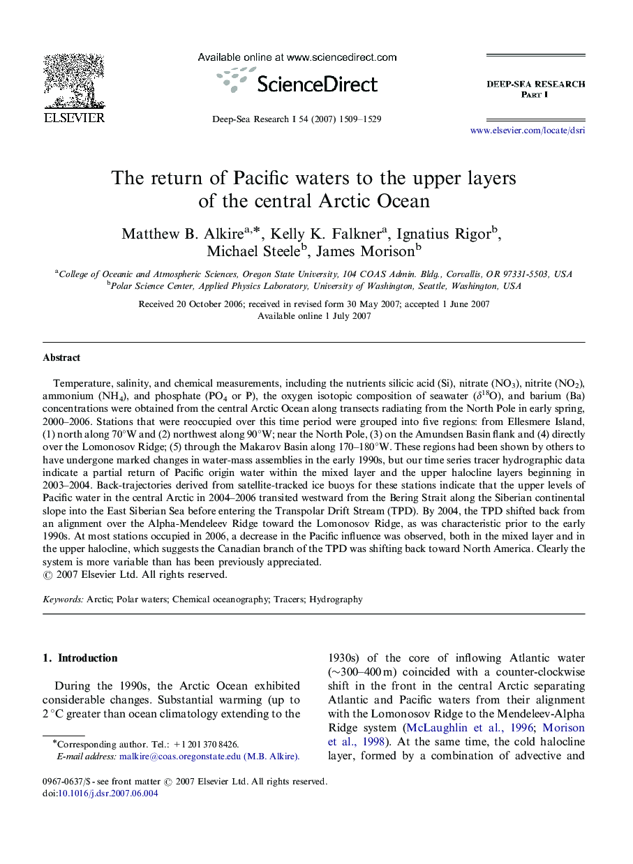 The return of Pacific waters to the upper layers of the central Arctic Ocean