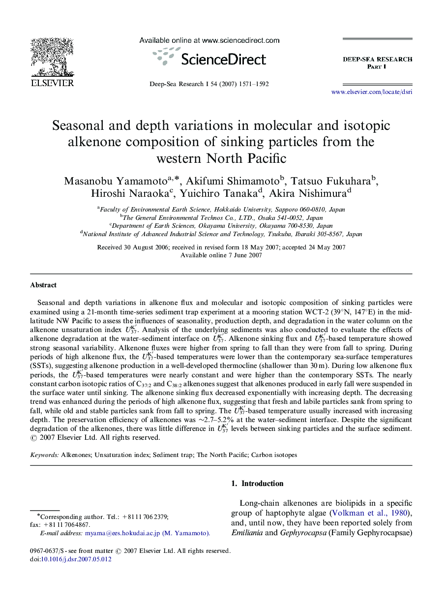 Seasonal and depth variations in molecular and isotopic alkenone composition of sinking particles from the western North Pacific