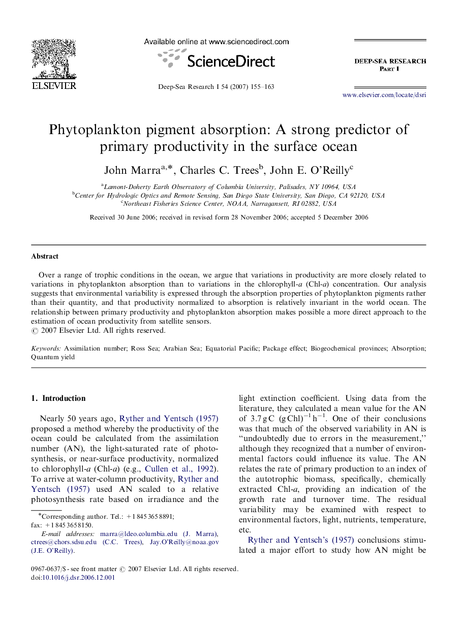 Phytoplankton pigment absorption: A strong predictor of primary productivity in the surface ocean