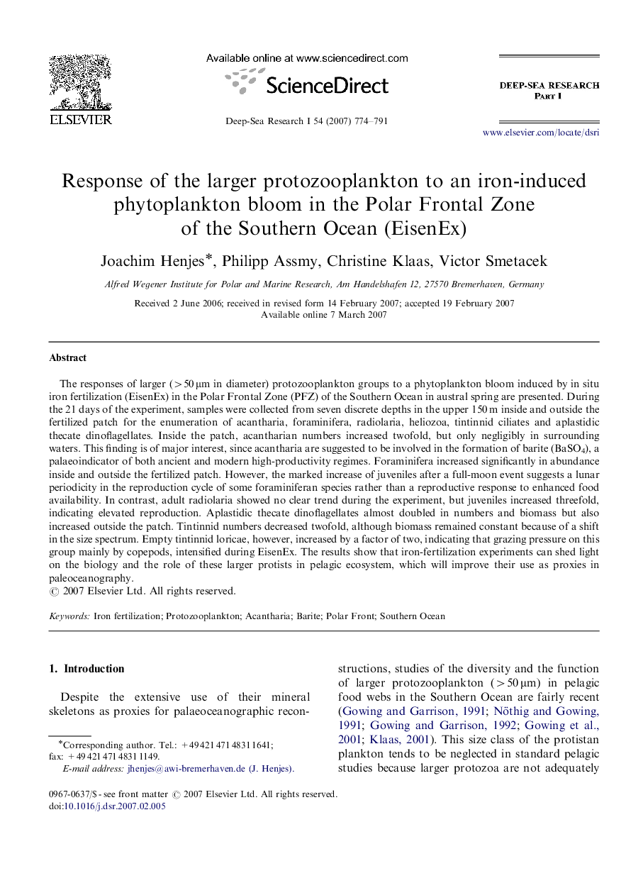 عکس صفحه اول مقاله: Response of the larger protozooplankton to an iron-induced phytoplankton bloom in the Polar Frontal Zone of the Southern Ocean (EisenEx) Response of the larger protozooplankton to an iron-induced phytoplankton bloom in the Polar Frontal Zone of the Southern Ocean (EisenEx)