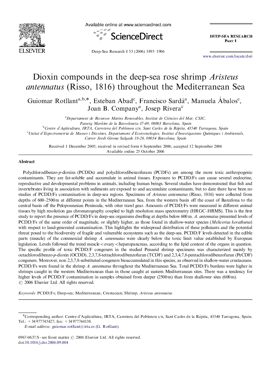عکس صفحه اول مقاله: Dioxin compounds in the deep-sea rose shrimp Aristeus antennatus (Risso, 1816) throughout the Mediterranean Sea Dioxin compounds in the deep-sea rose shrimp Aristeus antennatus (Risso, 1816) throughout the Mediterranean Sea