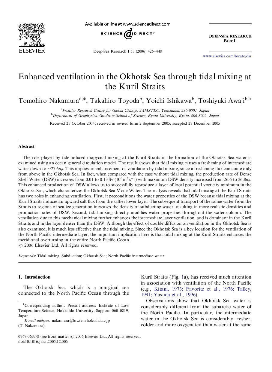 Enhanced ventilation in the Okhotsk Sea through tidal mixing at the Kuril Straits