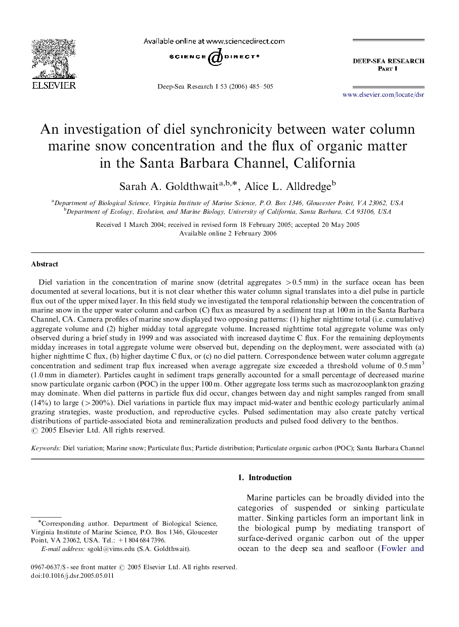 An investigation of diel synchronicity between water column marine snow concentration and the flux of organic matter in the Santa Barbara Channel, California