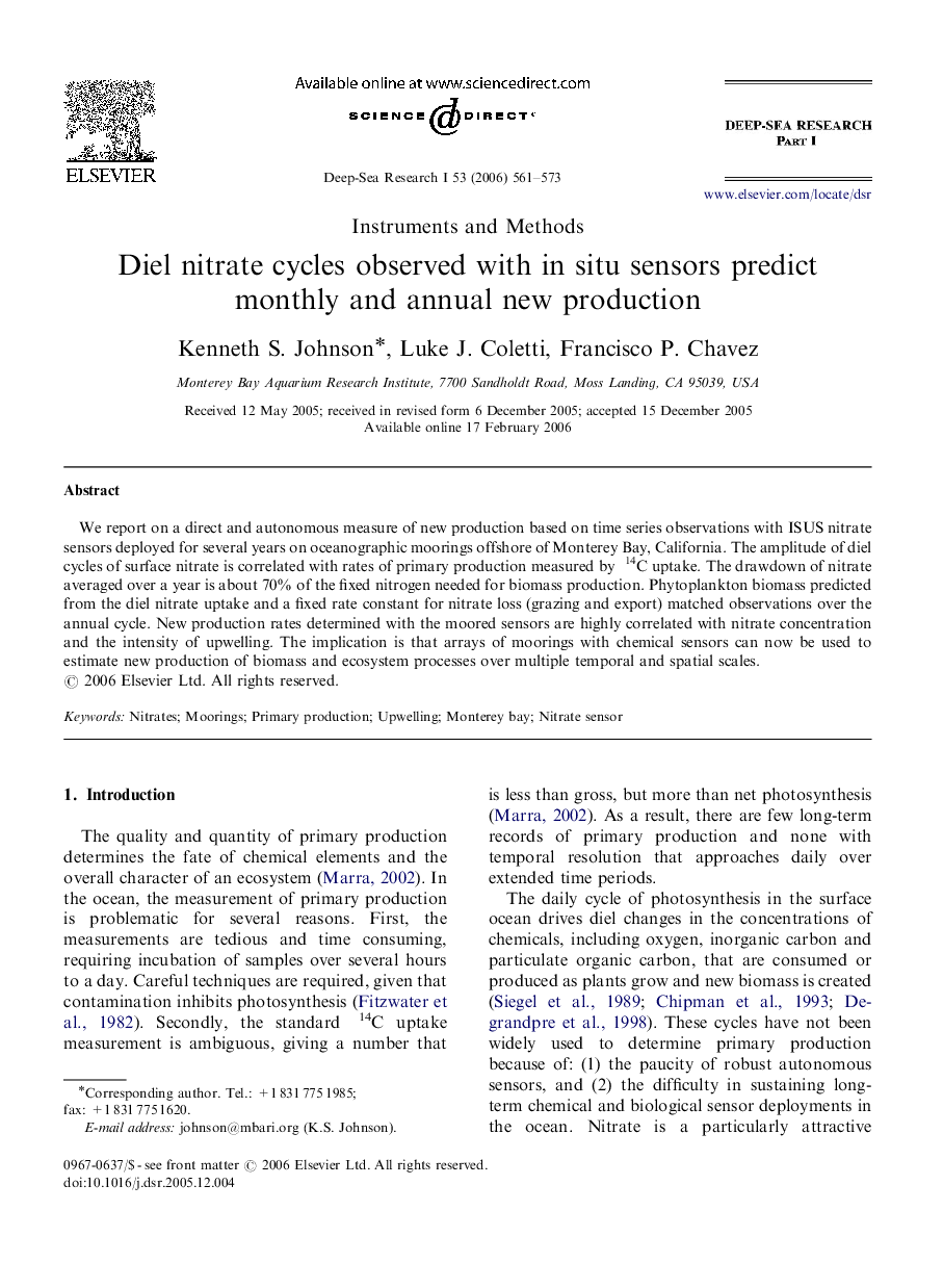 Diel nitrate cycles observed with in situ sensors predict monthly and annual new production