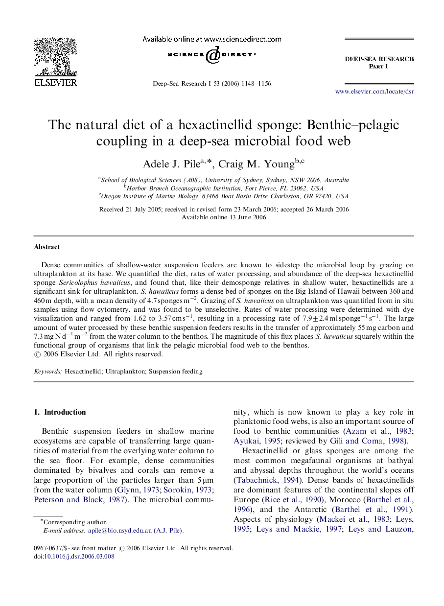 The natural diet of a hexactinellid sponge: Benthic–pelagic coupling in a deep-sea microbial food web