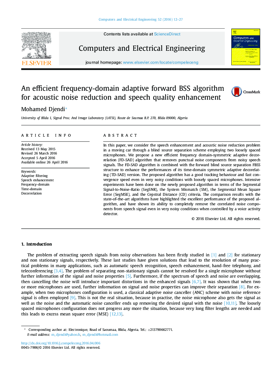 An efficient frequency-domain adaptive forward BSS algorithm for acoustic noise reduction and speech quality enhancement