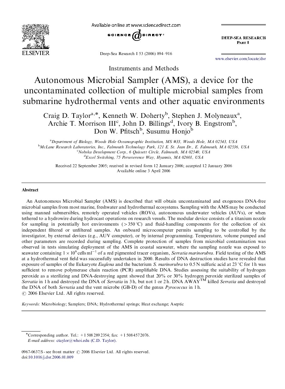 Autonomous Microbial Sampler (AMS), a device for the uncontaminated collection of multiple microbial samples from submarine hydrothermal vents and other aquatic environments