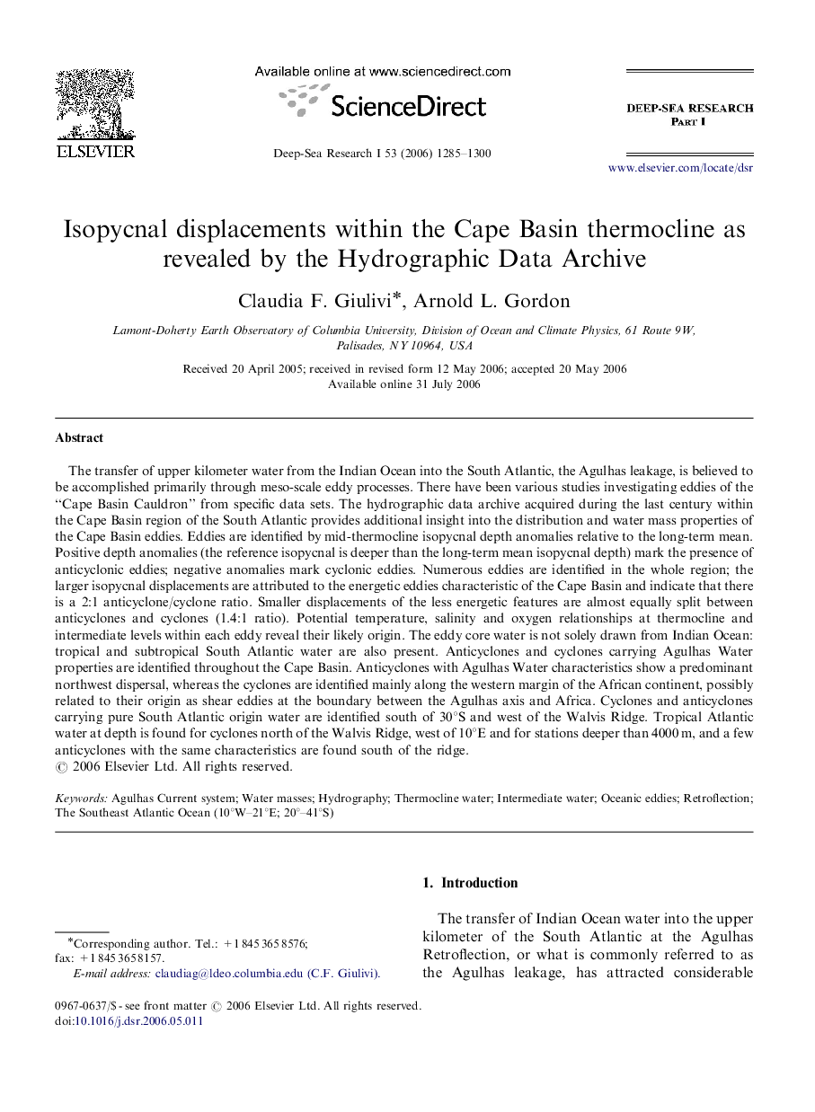 Isopycnal displacements within the Cape Basin thermocline as revealed by the Hydrographic Data Archive