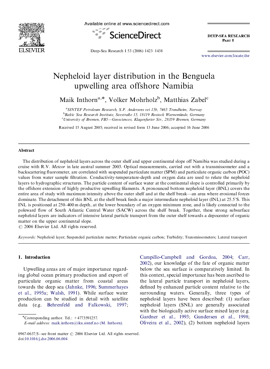 Nepheloid layer distribution in the Benguela upwelling area offshore Namibia