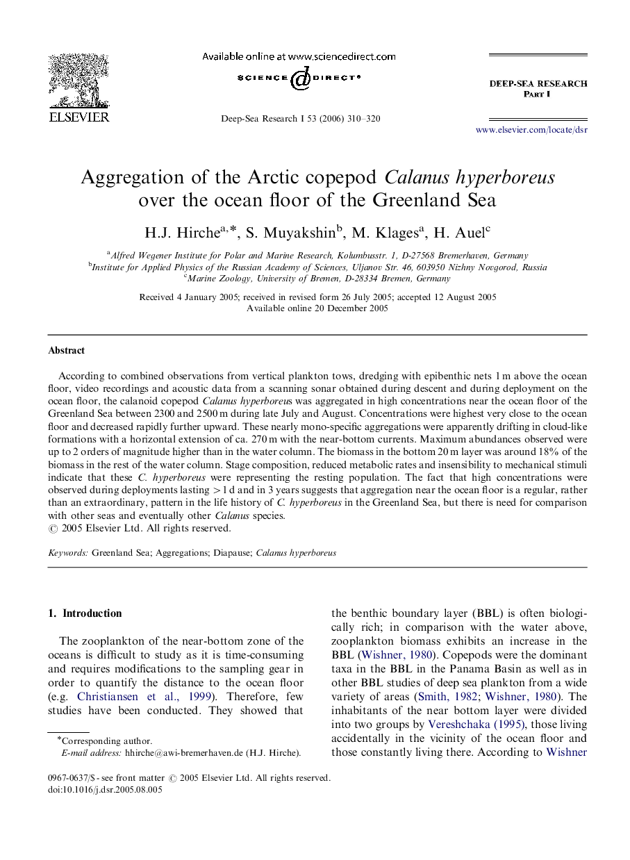 Aggregation of the Arctic copepod Calanus hyperboreus over the ocean floor of the Greenland Sea