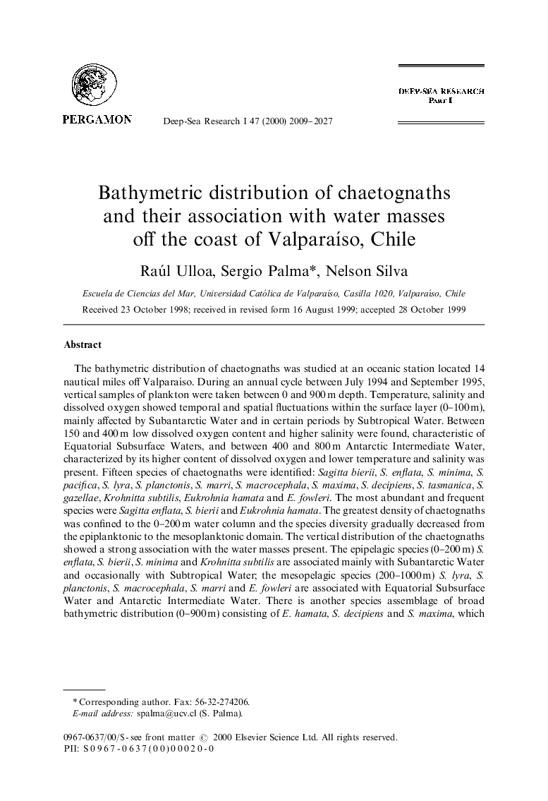 Bathymetric distribution of chaetognaths and their association with water masses off the coast of Valparaı́so, Chile