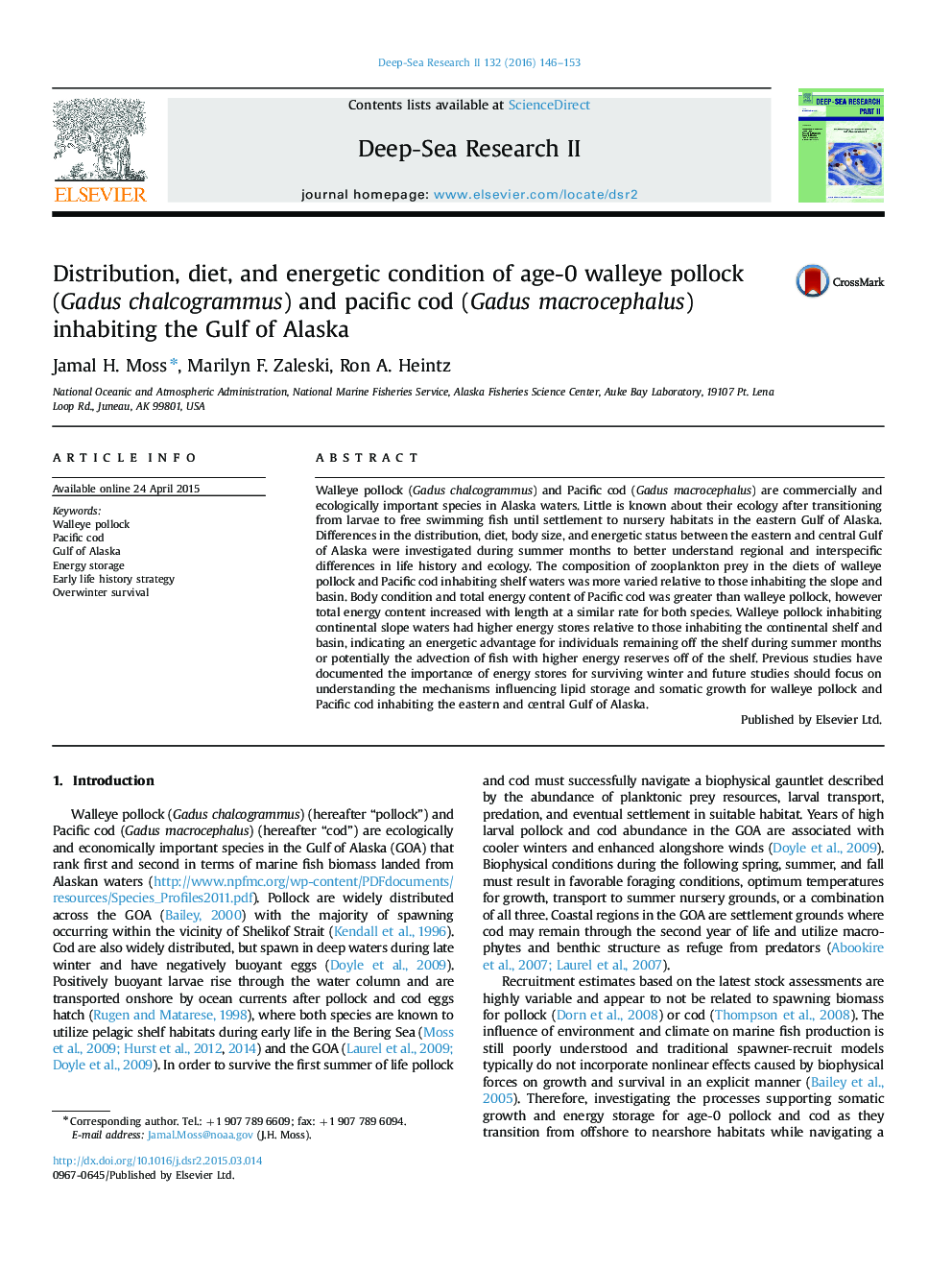 Distribution, diet, and energetic condition of age-0 walleye pollock (Gadus chalcogrammus) and pacific cod (Gadus macrocephalus) inhabiting the Gulf of Alaska
