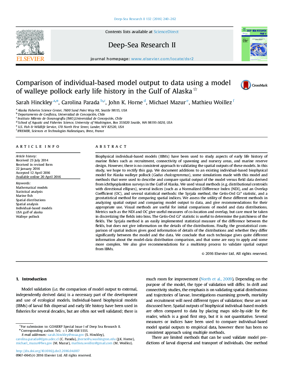 Comparison of individual-based model output to data using a model of walleye pollock early life history in the Gulf of Alaska 