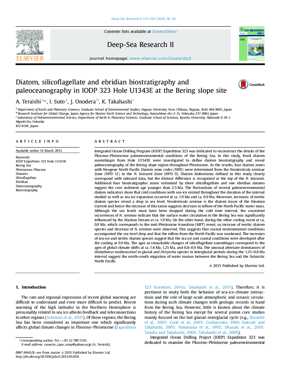 Diatom, silicoflagellate and ebridian biostratigraphy and paleoceanography in IODP 323 Hole U1343E at the Bering slope site