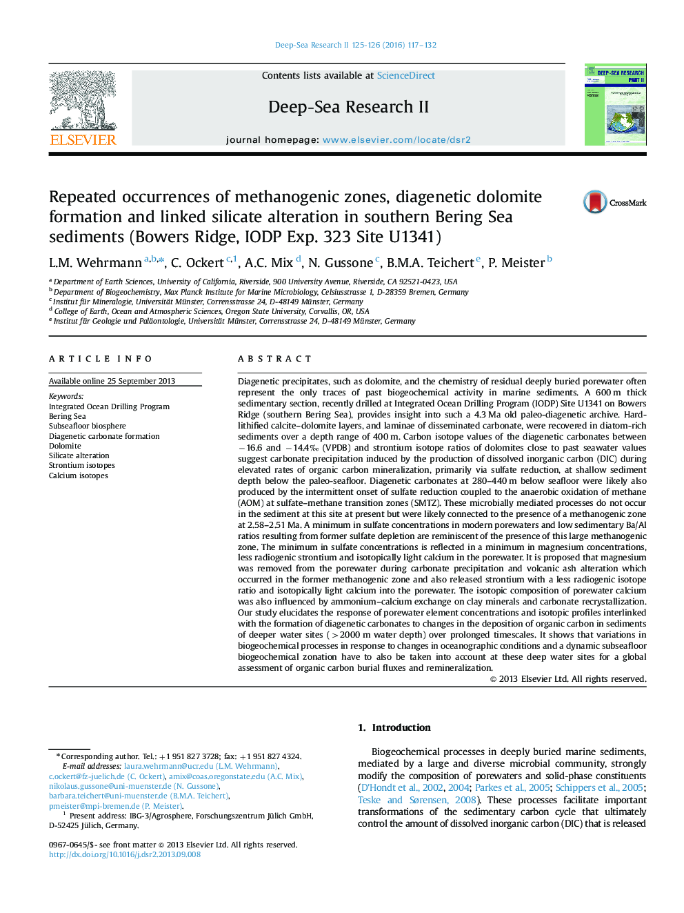 Repeated occurrences of methanogenic zones, diagenetic dolomite formation and linked silicate alteration in southern Bering Sea sediments (Bowers Ridge, IODP Exp. 323 Site U1341)