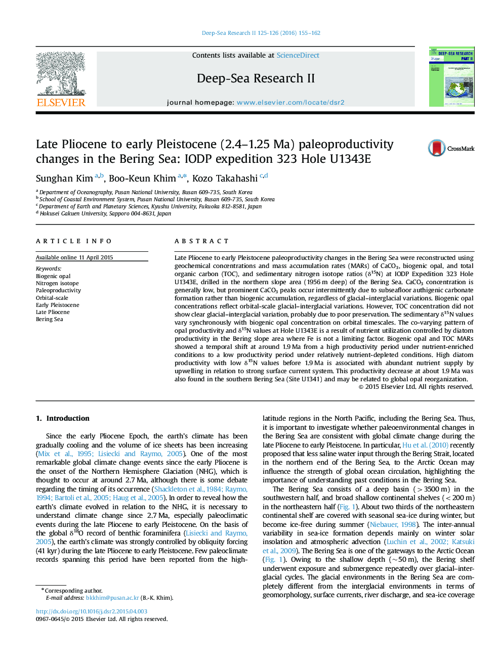 Late Pliocene to early Pleistocene (2.4–1.25 Ma) paleoproductivity changes in the Bering Sea: IODP expedition 323 Hole U1343E