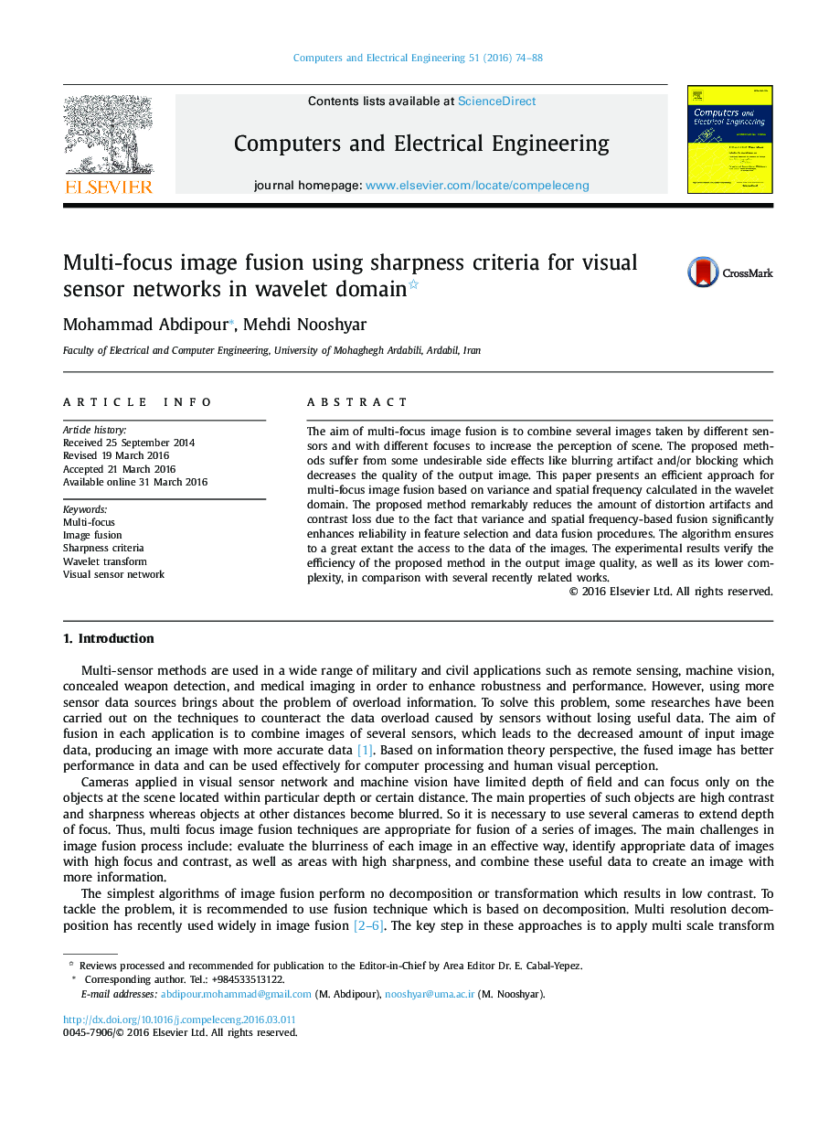 Multi-focus image fusion using sharpness criteria for visual sensor networks in wavelet domain 